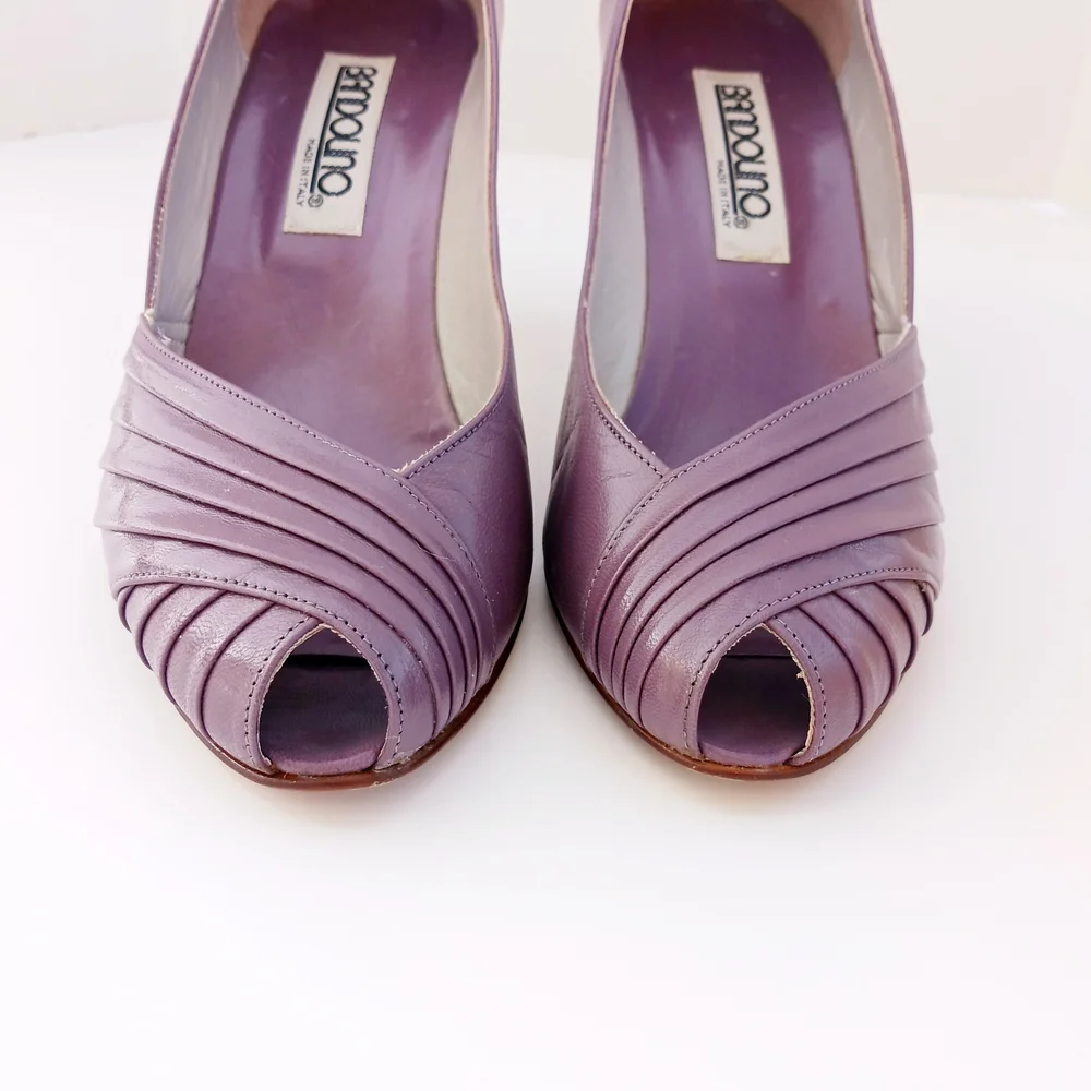 VINTAGE ITALIAN LEATHER Purple Plum Peep-Toe Heels Size 6 - Picture 3 of 10